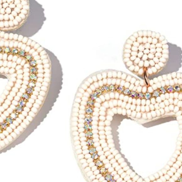 2.5" Handmade Large White Heart Beaded Earrings Beads & Rhinestones Handcrafted - Picture 6 of 6